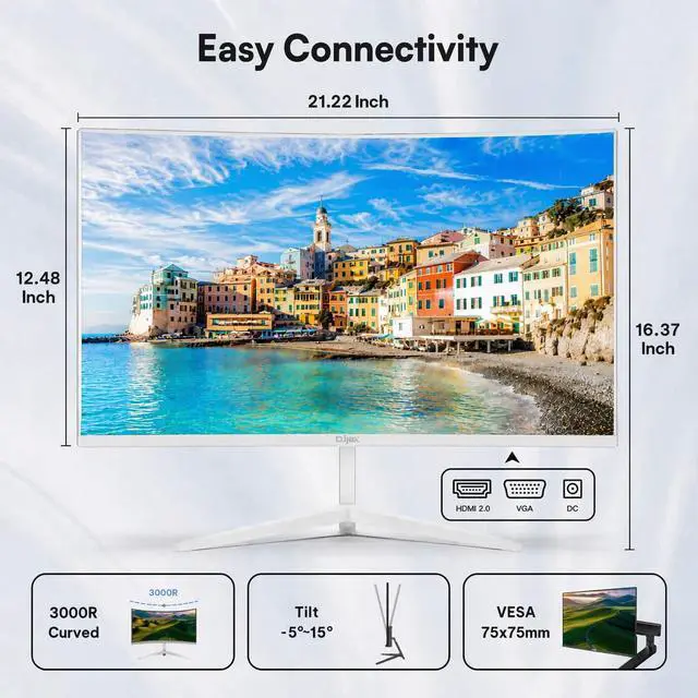 Alt view image 7 of 7 - 24 Inch Curved White Monitor, FHD 1080P, 100Hz | VA Panel, 3000R, 98% sRGB, Frameless Design, Flicker-Free, Low Blue Light, VGA, HDMI, VESA Mountable, for Office & Gaming