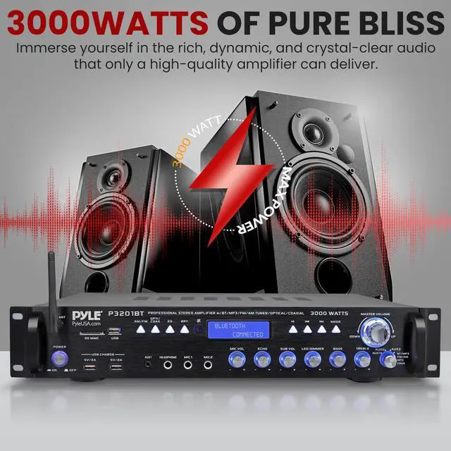 Alt view image 2 of 6 - Multi Channel Bluetooth Preamplifier Receiver - 3000 Watt Audio Home Speaker Sound Stereo w/Radio, USB, Headphone, AUX, RCA, Dual Microphone w/Echo, LED, Wireless Streaming - P3201BT