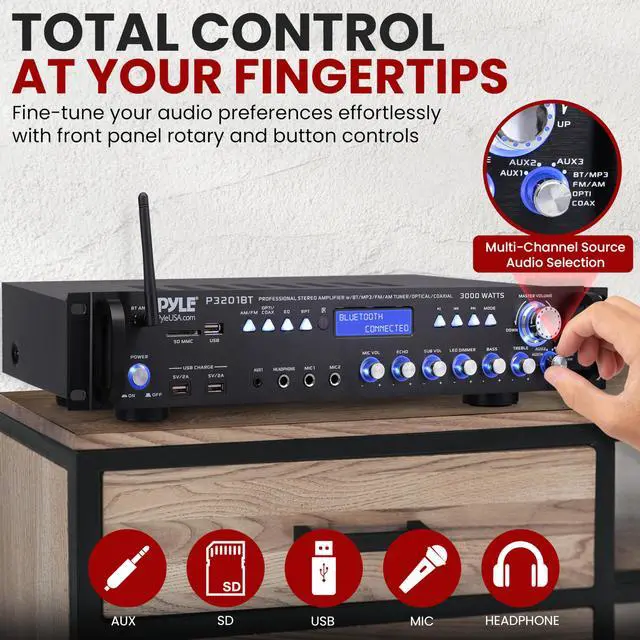 Alt view image 3 of 6 - Multi Channel Bluetooth Preamplifier Receiver - 3000 Watt Audio Home Speaker Sound Stereo w/Radio, USB, Headphone, AUX, RCA, Dual Microphone w/Echo, LED, Wireless Streaming - P3201BT