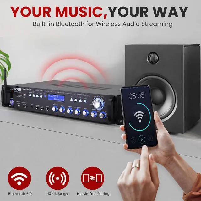 Alt view image 4 of 6 - Multi Channel Bluetooth Preamplifier Receiver - 3000 Watt Audio Home Speaker Sound Stereo w/Radio, USB, Headphone, AUX, RCA, Dual Microphone w/Echo, LED, Wireless Streaming - P3201BT