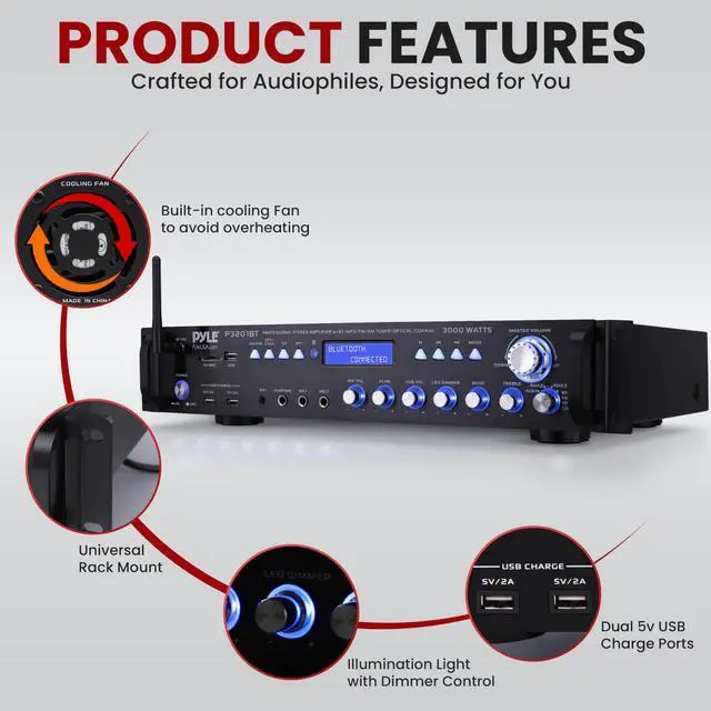 Alt view image 5 of 6 - Multi Channel Bluetooth Preamplifier Receiver - 3000 Watt Audio Home Speaker Sound Stereo w/Radio, USB, Headphone, AUX, RCA, Dual Microphone w/Echo, LED, Wireless Streaming - P3201BT