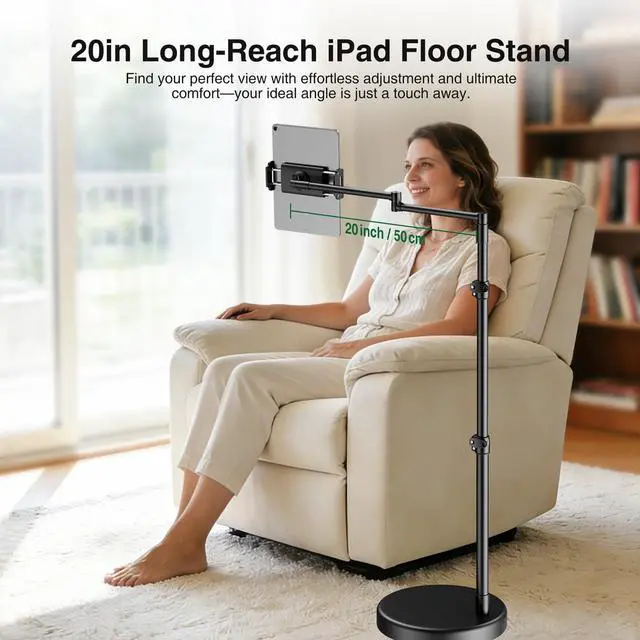Alt view image 2 of 7 - iPad Holder for Bed, Tablet Floor Stand with Weighted Base | 11 Pound Stable Base, 20in Long Swivel Arm, Designed for Bed, Recliner & Chair, Fits iPad Pro Air iPhone & 4.7-13in Tablet