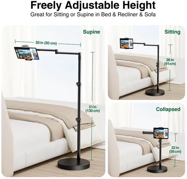 Alt view image 3 of 7 - iPad Holder for Bed, Tablet Floor Stand with Weighted Base | 11 Pound Stable Base, 20in Long Swivel Arm, Designed for Bed, Recliner & Chair, Fits iPad Pro Air iPhone & 4.7-13in Tablet
