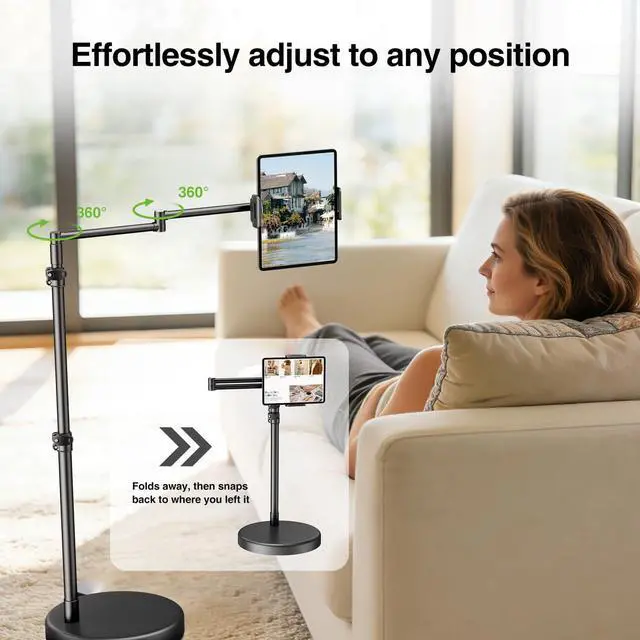 Alt view image 5 of 7 - iPad Holder for Bed, Tablet Floor Stand with Weighted Base | 11 Pound Stable Base, 20in Long Swivel Arm, Designed for Bed, Recliner & Chair, Fits iPad Pro Air iPhone & 4.7-13in Tablet