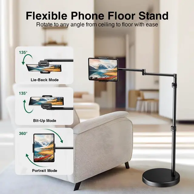 Alt view image 4 of 7 - iPad Holder for Bed, Tablet Floor Stand with Weighted Base | 11 Pound Stable Base, 20in Long Swivel Arm, Designed for Bed, Recliner & Chair, Fits iPad Pro Air iPhone & 4.7-13in Tablet