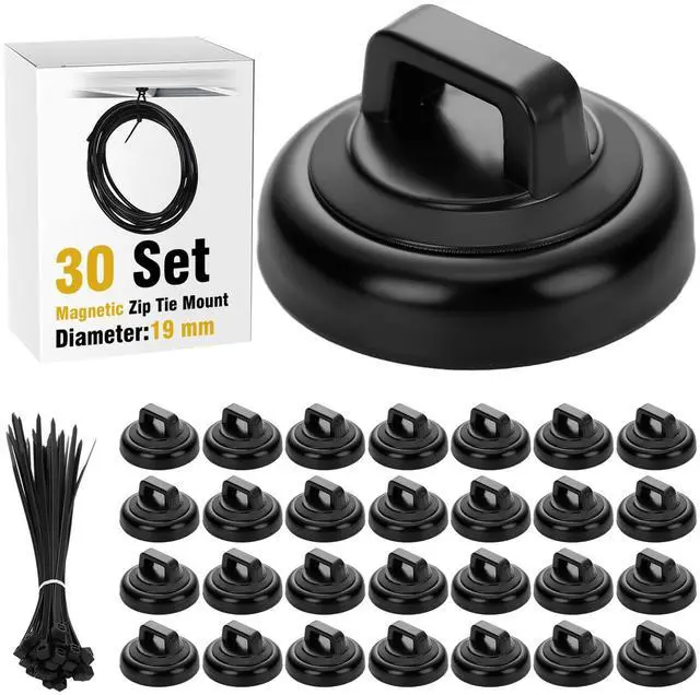 Main image of 30 Set Magnetic Zip Tie Mount and Nylon Cable Ties, 19 mm Multipurpose Wire Cable Holder Mount Wire Clips Management Electrical Organization Supplies (Black)
