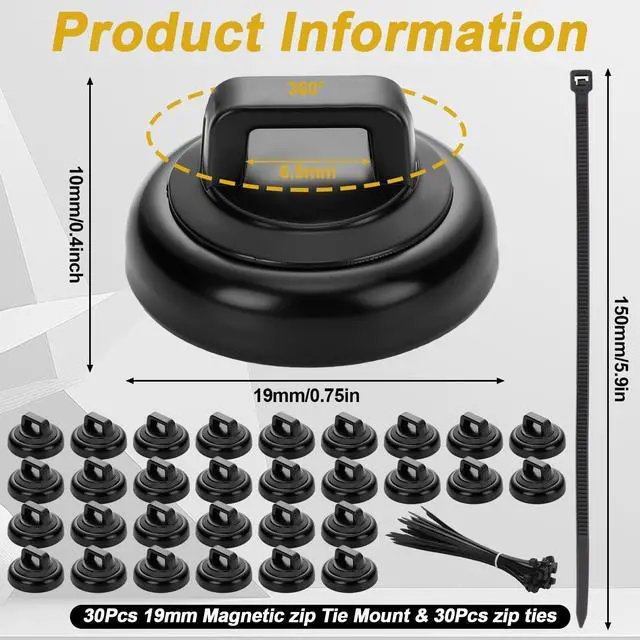 Alt view image 2 of 6 - 30 Set Magnetic Zip Tie Mount and Nylon Cable Ties, 19 mm Multipurpose Wire Cable Holder Mount Wire Clips Management Electrical Organization Supplies (Black)