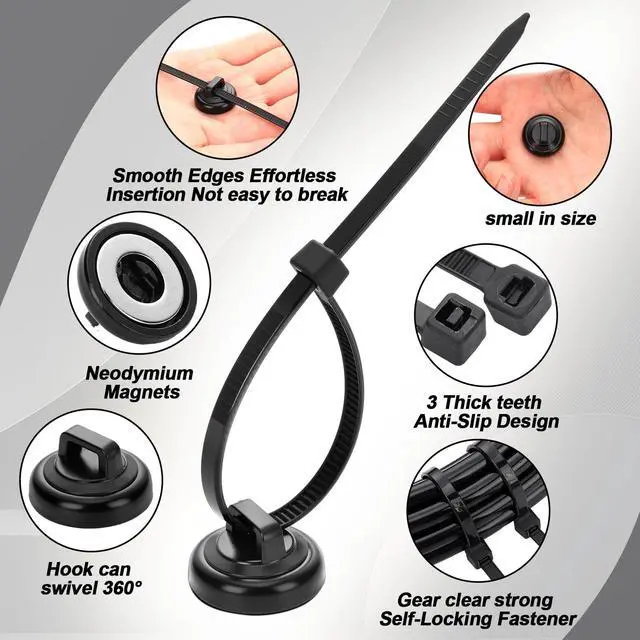 Alt view image 3 of 6 - 30 Set Magnetic Zip Tie Mount and Nylon Cable Ties, 19 mm Multipurpose Wire Cable Holder Mount Wire Clips Management Electrical Organization Supplies (Black)
