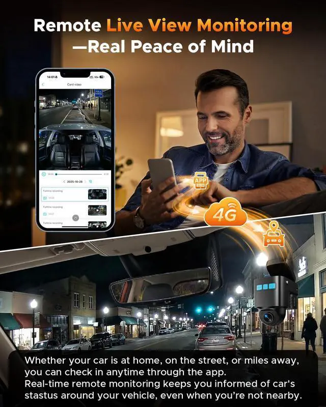 Alt view image 3 of 7 - 4G LTE Cellular Dash Cam with Live Streaming & GPS Tracking - Dual Car Security Camera with Remote Live View,Cloud Storage,AI Motion Detection,Sentry Mode, Anti-Theft Protection for Vandalism