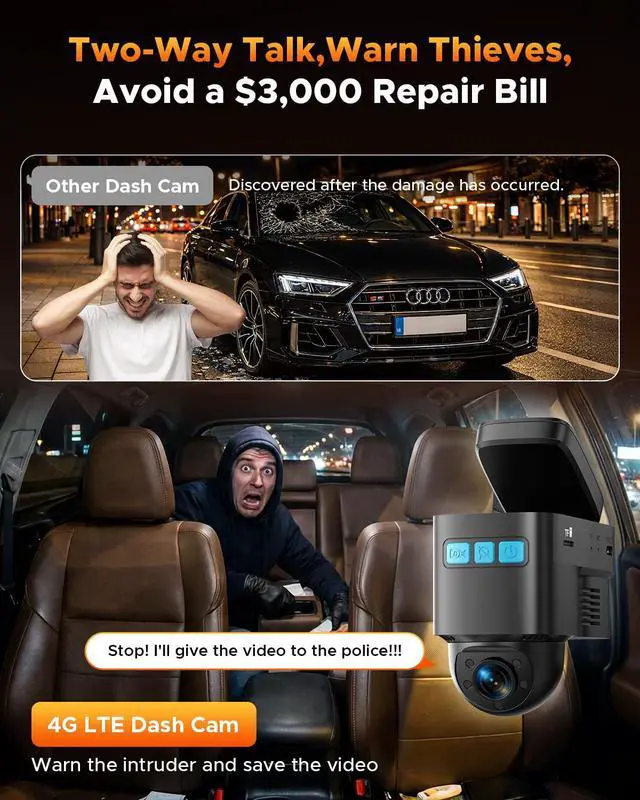 Alt view image 6 of 7 - 4G LTE Cellular Dash Cam with Live Streaming & GPS Tracking - Dual Car Security Camera with Remote Live View,Cloud Storage,AI Motion Detection,Sentry Mode, Anti-Theft Protection for Vandalism