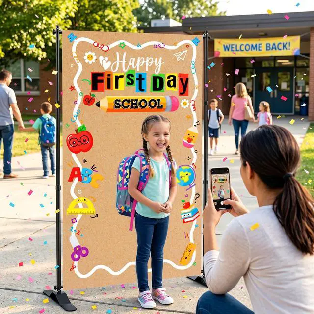 Alt view image 4 of 7 - First Day of School Banner Backdrop Decorations, 35x63 Inch | Welcome Back to School Banner Decorations Sign Photo Props Backdrop for Kindergarten Classroom Home Wall Door Cover