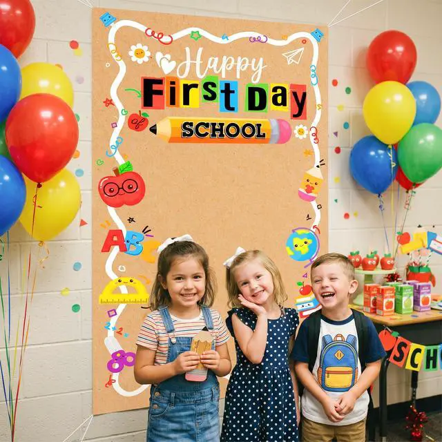 Alt view image 6 of 7 - First Day of School Banner Backdrop Decorations, 35x63 Inch | Welcome Back to School Banner Decorations Sign Photo Props Backdrop for Kindergarten Classroom Home Wall Door Cover