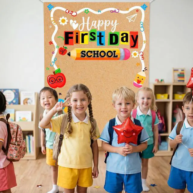 Alt view image 7 of 7 - First Day of School Banner Backdrop Decorations, 35x63 Inch | Welcome Back to School Banner Decorations Sign Photo Props Backdrop for Kindergarten Classroom Home Wall Door Cover