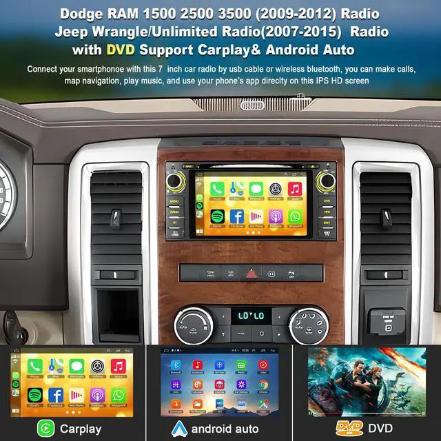 Alt view image 4 of 7 - Car Radio with CD/DVD Player for Dodge RAM 1500 2500 3500 (2009-2012), for Jeep Wrangle/Unlimited (2007-2015), 7 Inch Touch Screen Car Stereo with Carplay& Android Auto, Bluetooth & GPS,FM/AM Radio