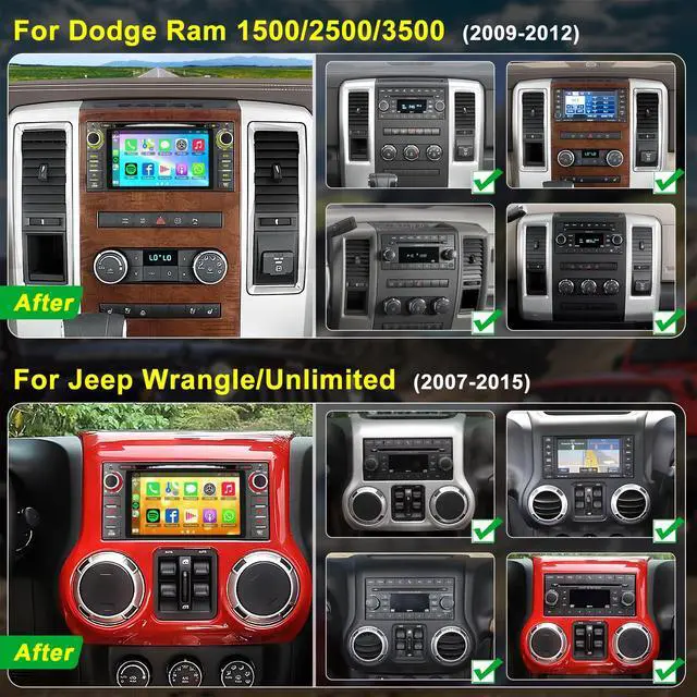 Alt view image 2 of 7 - Car Radio with CD/DVD Player for Dodge RAM 1500 2500 3500 (2009-2012), for Jeep Wrangle/Unlimited (2007-2015), 7 Inch Touch Screen Car Stereo with Carplay& Android Auto, Bluetooth & GPS,FM/AM Radio