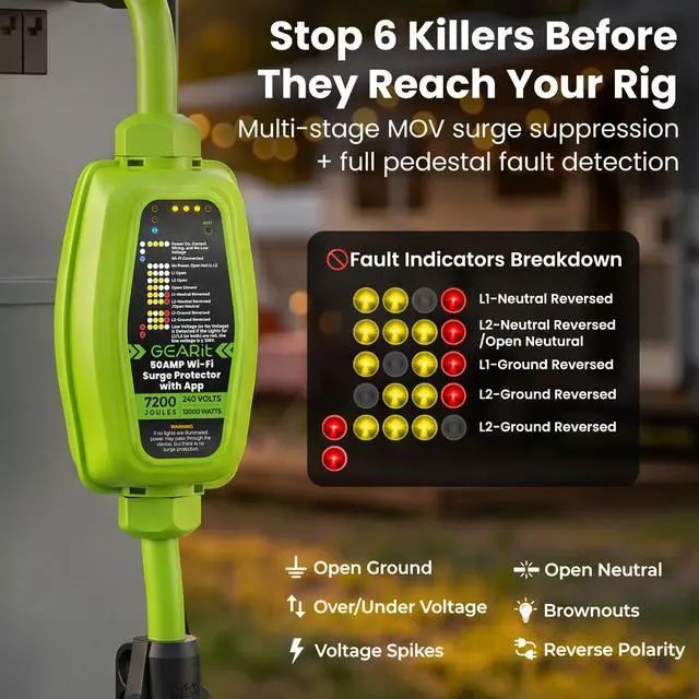 Alt view image 4 of 7 - 50 Amp RV Surge Protector with WiFi and App Support - Real Time Monitor V/A/W, NEMA 14-50P/R 7200J, Waterproof Outdoor for RV Camper Travel Trailer