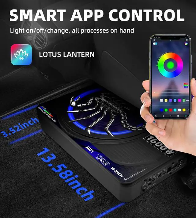 Alt view image 3 of 7 - 1600W Slim Underseat Car Subwoofer and Amp Package, Powered Car Subwoofer with Built-in Amp, Subsonic Deep Bass, RGB Beat Light, Low Pass/Gain/Bass Boost Control, Truck SUV Car Audio Subwoofer