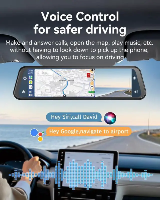 Alt view image 3 of 7 - 4K Rear View Mirror Camera with Carplay&Android Auto 12" Mirror Dash Cam | Voice Control/Split Screen/Parking Monitor/Loop Record/Reverse Assist/G-sensor/64GB Card