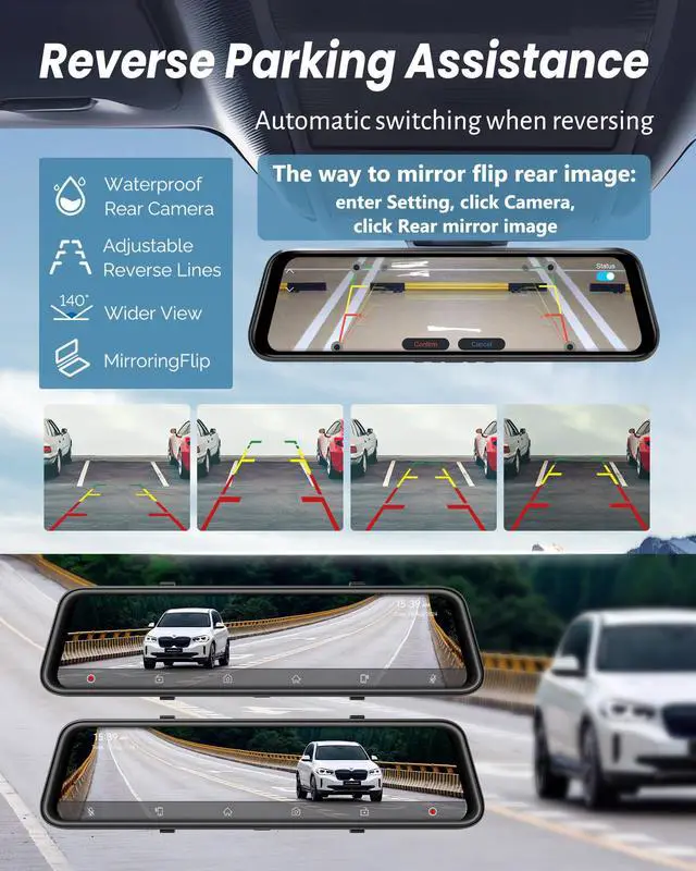 Alt view image 4 of 7 - 4K Rear View Mirror Camera with Carplay&Android Auto 12" Mirror Dash Cam | Voice Control/Split Screen/Parking Monitor/Loop Record/Reverse Assist/G-sensor/64GB Card