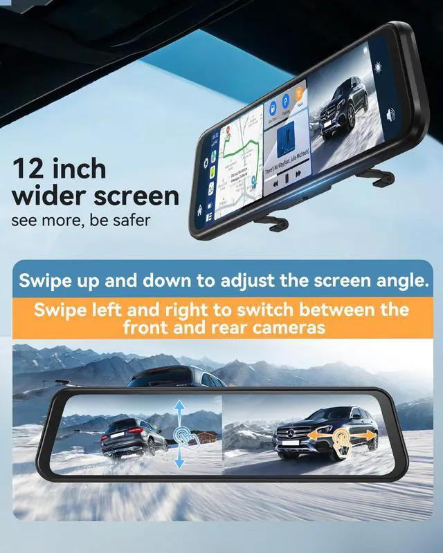 Alt view image 7 of 7 - 4K Rear View Mirror Camera with Carplay&Android Auto 12" Mirror Dash Cam | Voice Control/Split Screen/Parking Monitor/Loop Record/Reverse Assist/G-sensor/64GB Card