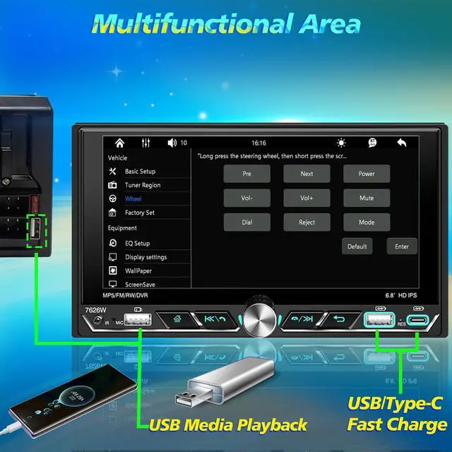 Alt view image 5 of 7 - Double Din Car Stereo 6.8" Touchscreen Wireless Apple CarPlay Android Auto | 2.5D G+G IPS In-cell Touchscreen,Bluetooth,Backup Camera,Mirror Link,FM AM RDS,USB/Type-C Fast Charge,SWC