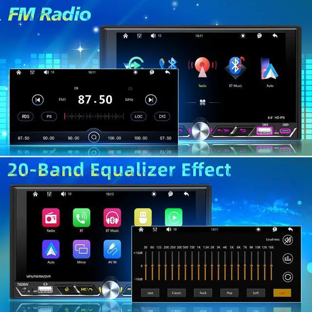 Alt view image 3 of 7 - Double Din Car Stereo 6.8" Touchscreen Wireless Apple CarPlay Android Auto | 2.5D G+G IPS In-cell Touchscreen,Bluetooth,Backup Camera,Mirror Link,FM AM RDS,USB/Type-C Fast Charge,SWC