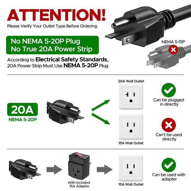 Alt view image 3 of 7 - 20A Heavy Duty Power Strip, 8-Outlet Metal Surge Protector, ETL Listed | 2100J Surge Protection,12AWG 6FT Cord, True 20A Internal Wiring, 5-15P to 5-20R Adapter, Wall Mount for Rack,Garage,Kitchen