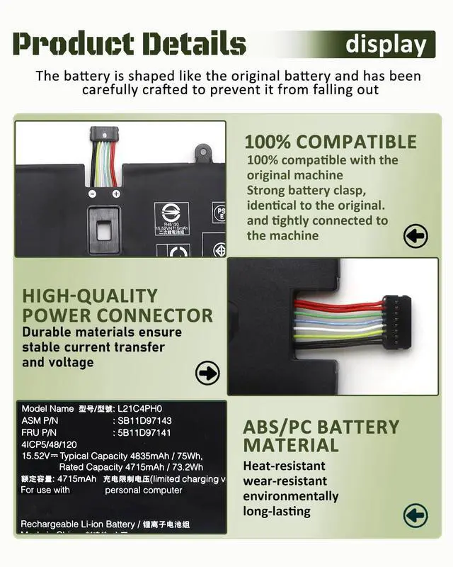 Alt view image 3 of 7 - 75Wh L21C4PH0 L21B4PH0 Battery Replacement for Lenovo IdeaPad Yoga 9-14IAP7 Type 82LU/ Yoga 9-14IRP8 Type 83B1 Series Notebook L21D4PH0 SB11D97143 SB11D97136 15.52V 4835mAh