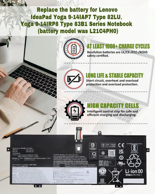Alt view image 4 of 7 - 75Wh L21C4PH0 L21B4PH0 Battery Replacement for Lenovo IdeaPad Yoga 9-14IAP7 Type 82LU/ Yoga 9-14IRP8 Type 83B1 Series Notebook L21D4PH0 SB11D97143 SB11D97136 15.52V 4835mAh