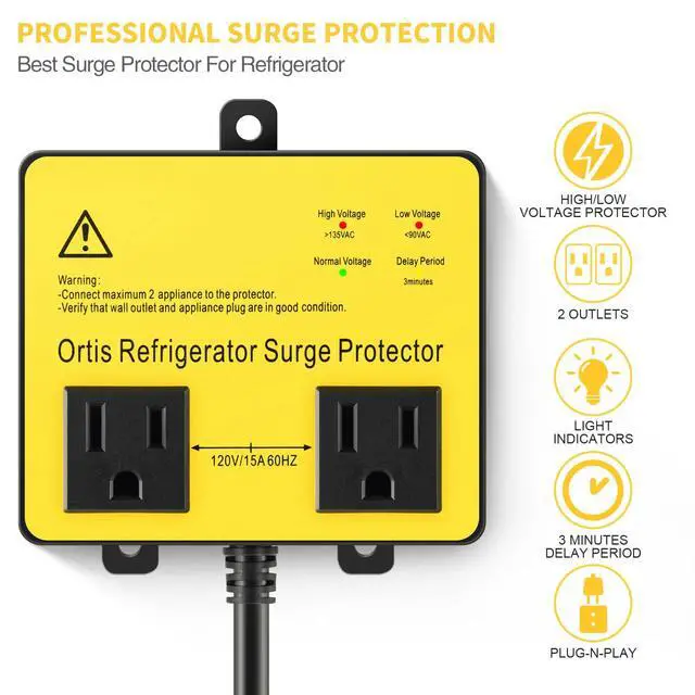 Alt view image 2 of 7 - Refrigerator Surge Protector, Double Outlet Voltage Protector for Home Appliances with Time Delay, Protects Against Brownout, Spike, Instant Surge All Voltage Abnormalities, Yellow