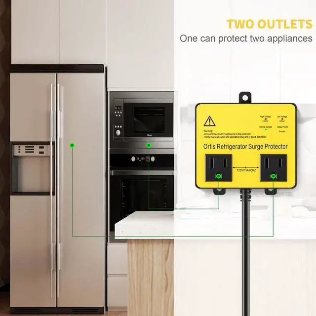 Alt view image 3 of 7 - Refrigerator Surge Protector, Double Outlet Voltage Protector for Home Appliances with Time Delay, Protects Against Brownout, Spike, Instant Surge All Voltage Abnormalities, Yellow
