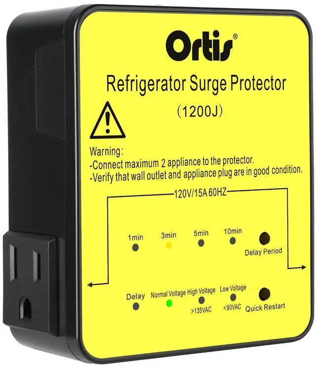 Main image of Refrigerator Surge Protector 2-Outlet 1200J - Voltage Protector for Refrigerator with Delay Start, Quick Restart & LED Indicator, Side Plug, Fridge Guard for Large Fridge 27+ Cu.Ft, Yellow