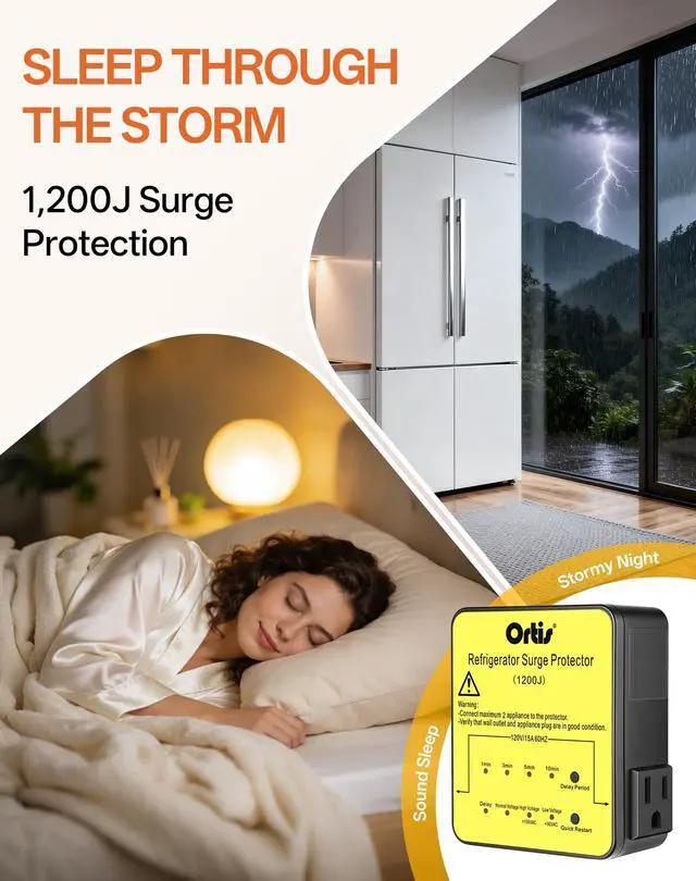 Alt view image 2 of 7 - Refrigerator Surge Protector 2-Outlet 1200J - Voltage Protector for Refrigerator with Delay Start, Quick Restart & LED Indicator, Side Plug, Fridge Guard for Large Fridge 27+ Cu.Ft, Yellow