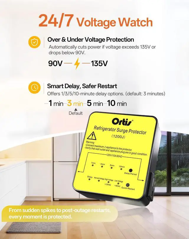 Alt view image 4 of 7 - Refrigerator Surge Protector 2-Outlet 1200J - Voltage Protector for Refrigerator with Delay Start, Quick Restart & LED Indicator, Side Plug, Fridge Guard for Large Fridge 27+ Cu.Ft, Yellow