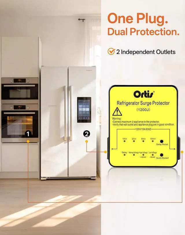 Alt view image 3 of 7 - Refrigerator Surge Protector 2-Outlet 1200J - Voltage Protector for Refrigerator with Delay Start, Quick Restart & LED Indicator, Side Plug, Fridge Guard for Large Fridge 27+ Cu.Ft, Yellow