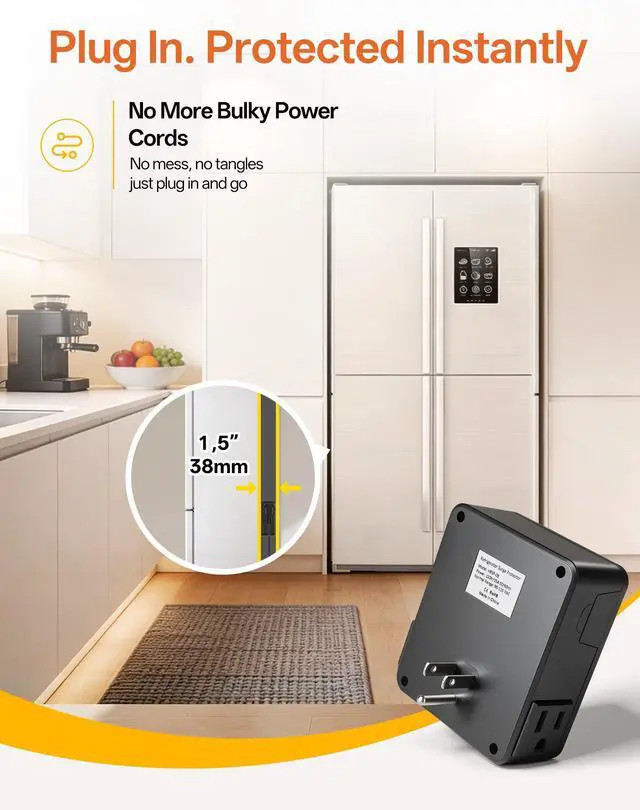 Alt view image 5 of 7 - Refrigerator Surge Protector 2-Outlet 1200J - Voltage Protector for Refrigerator with Delay Start, Quick Restart & LED Indicator, Side Plug, Fridge Guard for Large Fridge 27+ Cu.Ft, Yellow