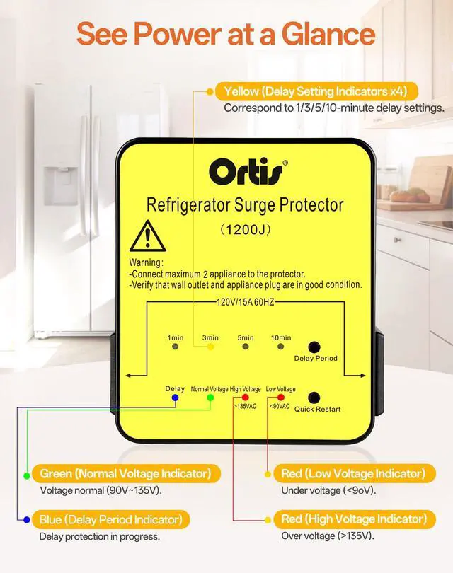 Alt view image 6 of 7 - Refrigerator Surge Protector 2-Outlet 1200J - Voltage Protector for Refrigerator with Delay Start, Quick Restart & LED Indicator, Side Plug, Fridge Guard for Large Fridge 27+ Cu.Ft, Yellow