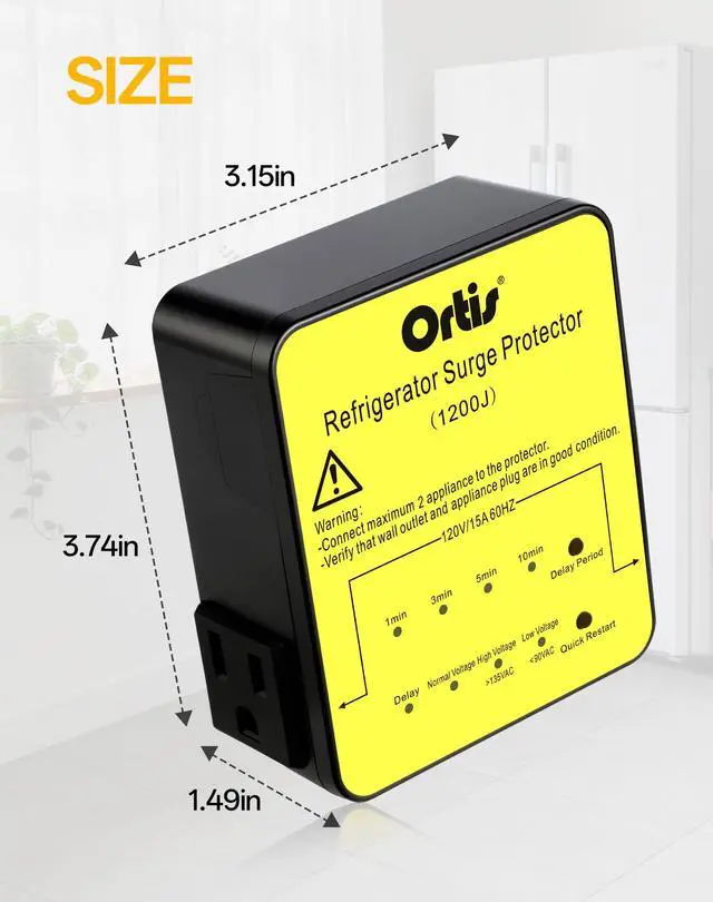 Alt view image 7 of 7 - Refrigerator Surge Protector 2-Outlet 1200J - Voltage Protector for Refrigerator with Delay Start, Quick Restart & LED Indicator, Side Plug, Fridge Guard for Large Fridge 27+ Cu.Ft, Yellow