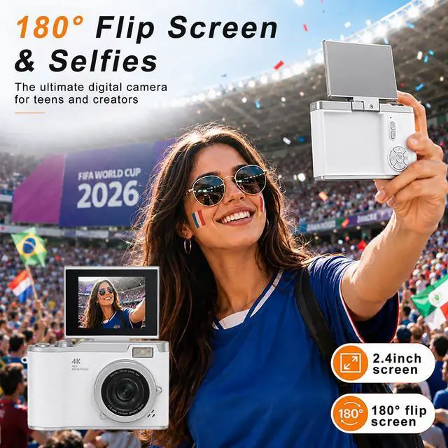 Alt view image 2 of 6 - 4K Digital Camera with Flip Screen, 4800W Point and Shoot Digital Cameras for Photography, 180° Rotating Selfie Camera with 32GB SD Card,Neck Lanyard,Fill Light for Teens Kids Travel(White)