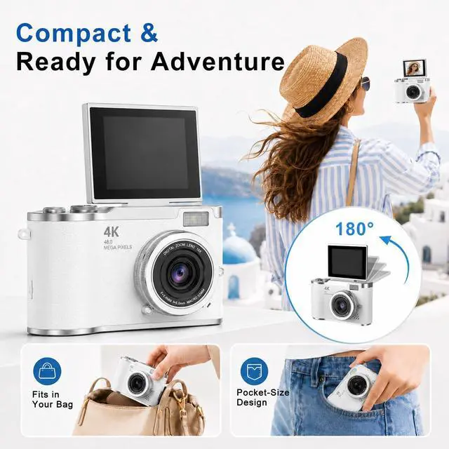 Alt view image 5 of 6 - 4K Digital Camera with Flip Screen, 4800W Point and Shoot Digital Cameras for Photography, 180° Rotating Selfie Camera with 32GB SD Card,Neck Lanyard,Fill Light for Teens Kids Travel(White)