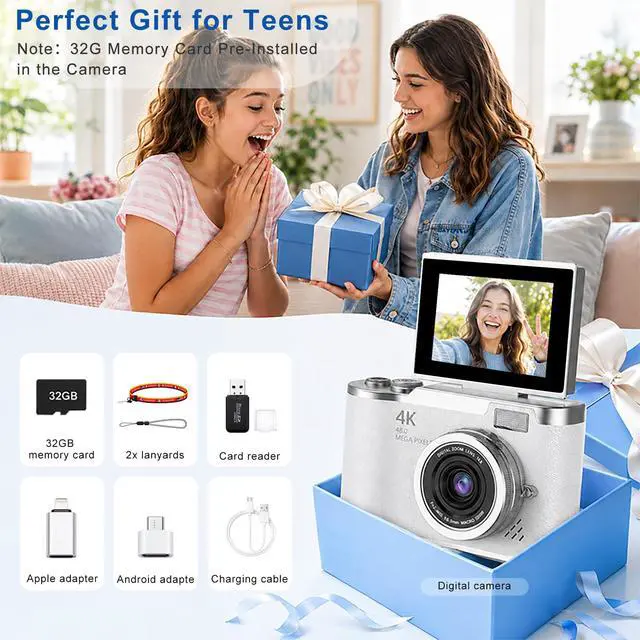 Alt view image 6 of 6 - 4K Digital Camera with Flip Screen, 4800W Point and Shoot Digital Cameras for Photography, 180° Rotating Selfie Camera with 32GB SD Card,Neck Lanyard,Fill Light for Teens Kids Travel(White)