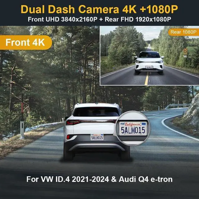 Alt view image 2 of 7 - Front 4K+Rear 1080P Dash Cam Adapts for Volkswagen ID.4 2021-2025 & Audi Q4 e-tron Sportback 2022-2026, OEM Look, 2 Way HD Video, WiFi & APP, Loop Recording, G-Sensor, Easy to Use, 128GB Card