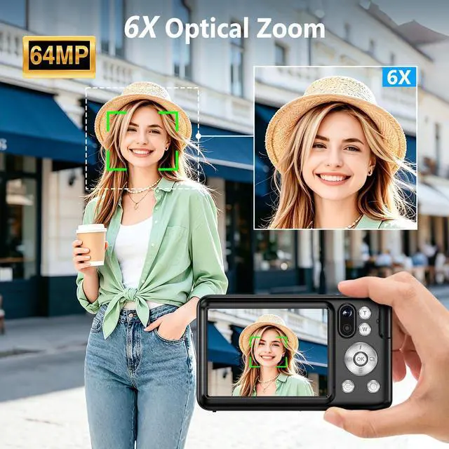 Alt view image 3 of 7 - 5K Digital Camera for Photography WiFi 64MP Autofocus Dual Lens, Black | 6X Optical Zoom Vlogging Camera with 2.8" Touch Screen, Compact Digital Cameras for YouTube, 32GB Card,2Batteries