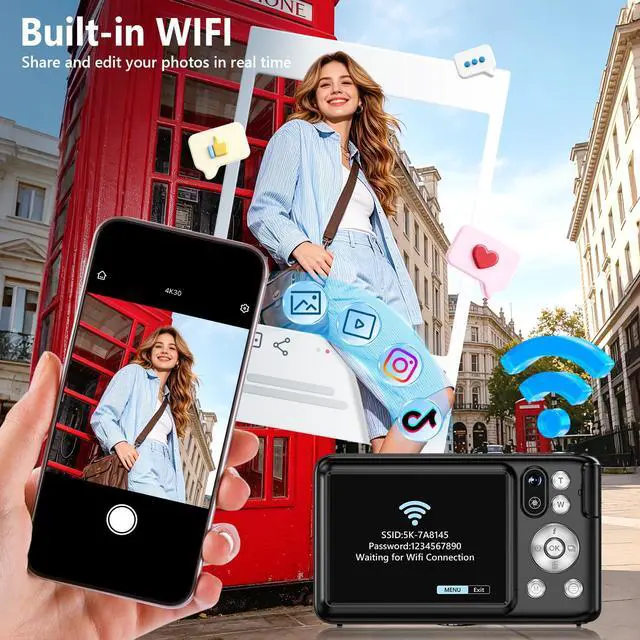 Alt view image 6 of 7 - 5K Digital Camera for Photography WiFi 64MP Autofocus Dual Lens, Black | 6X Optical Zoom Vlogging Camera with 2.8" Touch Screen, Compact Digital Cameras for YouTube, 32GB Card,2Batteries