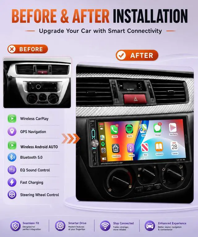 Alt view image 2 of 7 - Car Stereo Single Din Wireless Carplay 6.9 inch Touch Screen Android Auto, Car Radio with Bluetooth 5.2 Mirror Link FM/EQ USB/AUX/TF/SWC/MIC Car Audio Receiver with Backup Camera