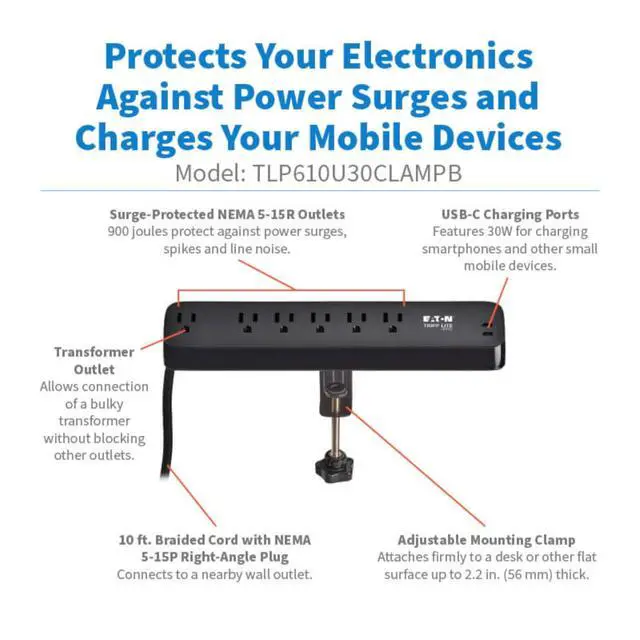 Alt view image 2 of 7 - Eaton series Desk Clamp Power Strip Surge Protector, 6-Outlets, 2x 30W USB-C Charging Ports, 900 Joules, 10ft Braided Flat Extension Cord, Manufacturer's (TLP610U30CLAMPB)