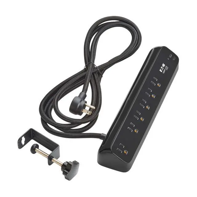 Alt view image 5 of 7 - Eaton series Desk Clamp Power Strip Surge Protector, 6-Outlets, 2x 30W USB-C Charging Ports, 900 Joules, 10ft Braided Flat Extension Cord, Manufacturer's (TLP610U30CLAMPB)