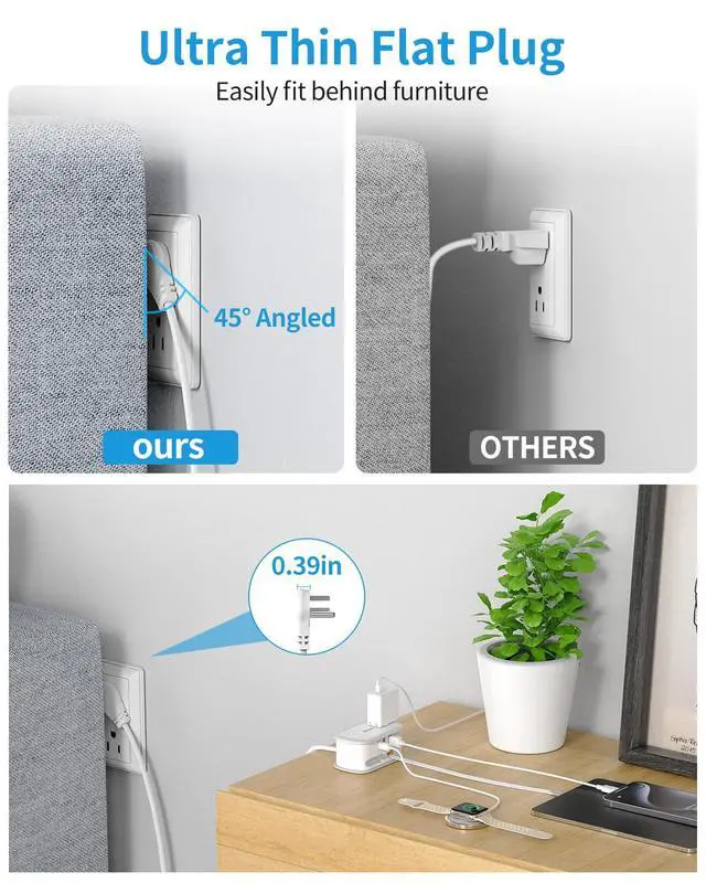 Alt view image 7 of 7 - Travel Power Strip, 5FT Extension Cord, Retractable USB C Cable | 2 AC Outlets 3 USB Ports (1 USB C), Flat Plug, Small Portable, Travel Accessories, Cruise Ship Essentials