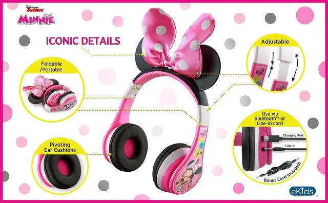 Alt view image 3 of 7 - Minnie Mouse Kids Bluetooth Headphones, Wireless with Microphone Includes Aux Cord, Volume Reduced Foldable Headphones for School, Home, or Travel, Pink