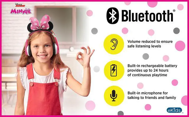 Alt view image 2 of 7 - Minnie Mouse Kids Bluetooth Headphones, Wireless with Microphone Includes Aux Cord, Volume Reduced Foldable Headphones for School, Home, or Travel, Pink